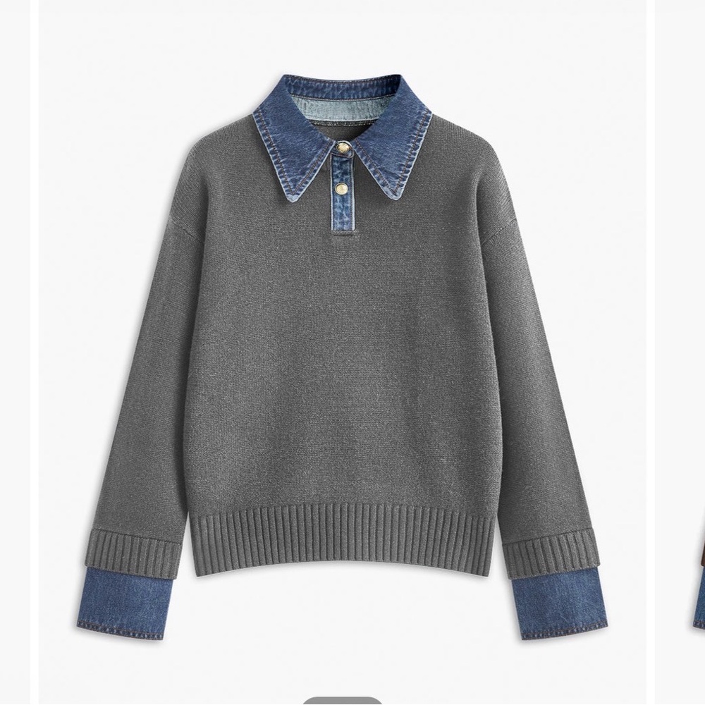 Commense Gray Sweater with Denim Collar